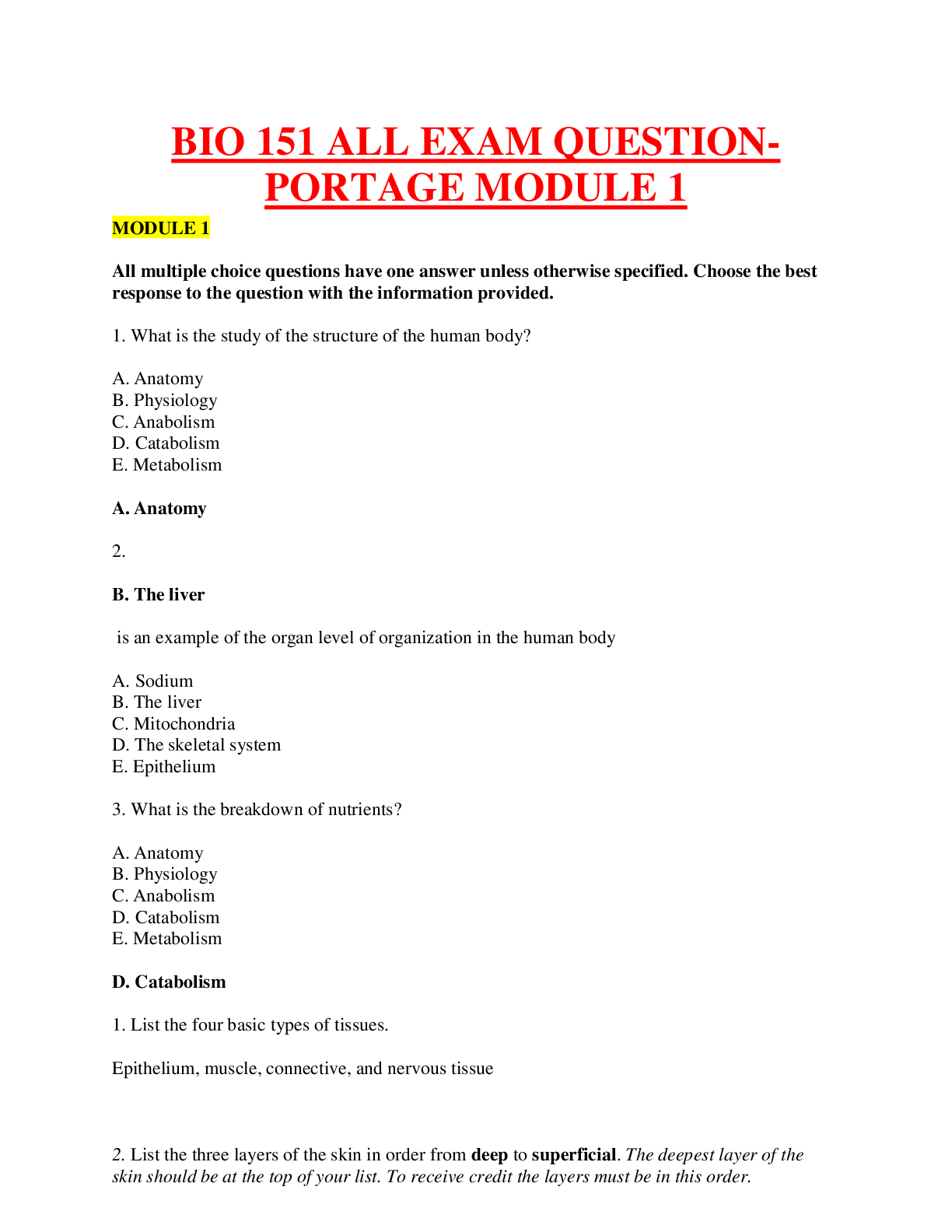 Preview image for PORTAGE LEARNING BIO D 151 ALL EXAM QUESTIONS WITH ANSWERS.